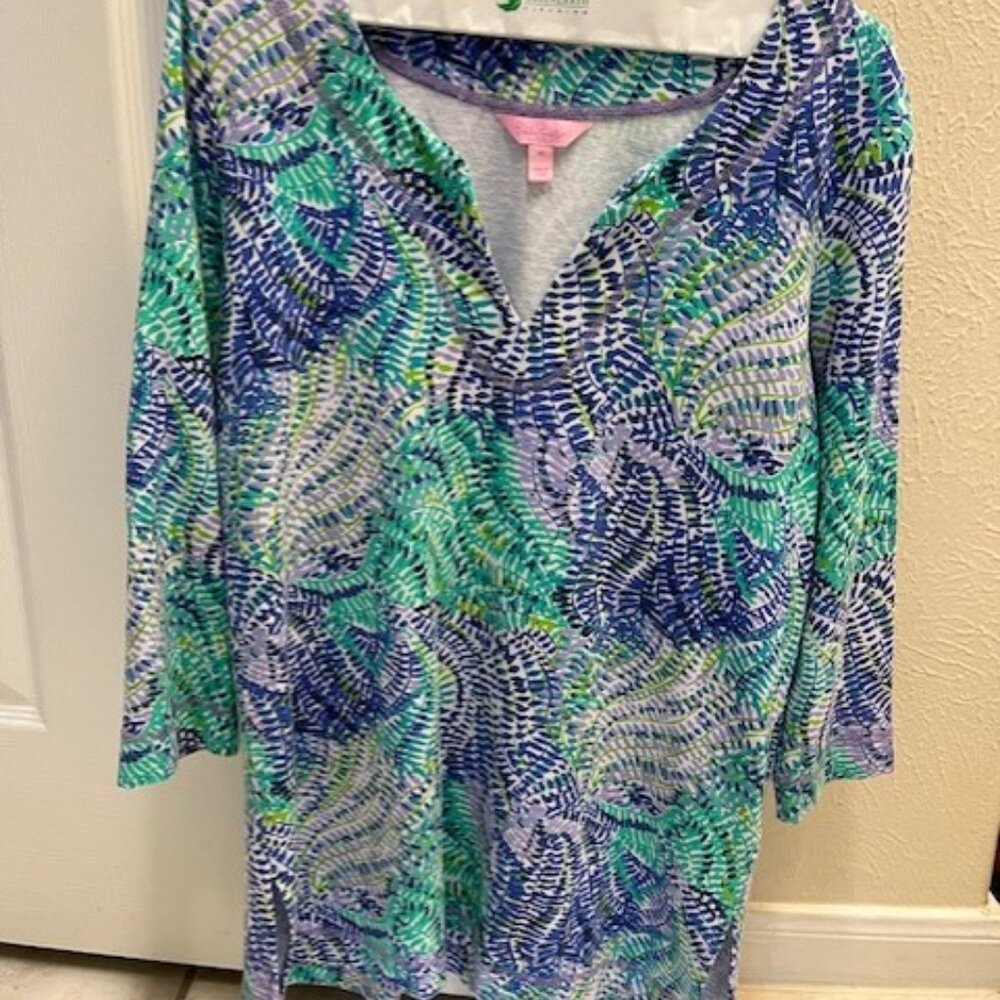 Lily Pulitzer Cotton Tunic Swimsuit cover shirt Size Medium Tropical Blue Green